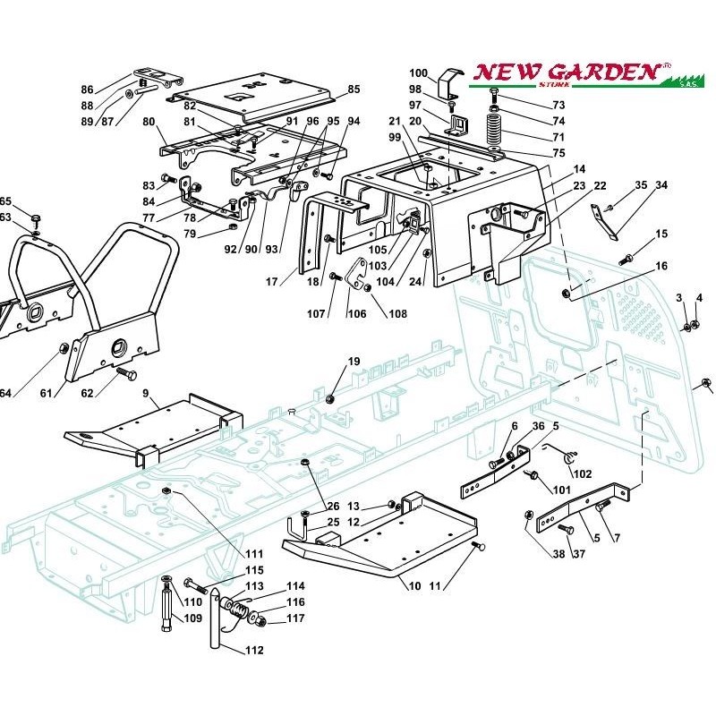 Vue éclatée châssis 102cm TN185H tracteur de pelouse CASTELGARDEN 2002-13 pièces détachées