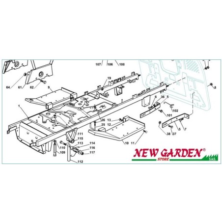 Vue éclatée cadre 102cm XT150HD tracteur de pelouse pièces détachées CASTELGARDEN 2002-13