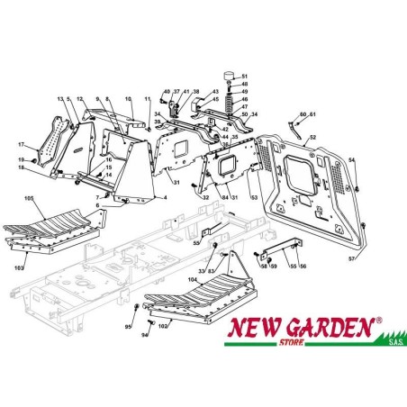 Vue éclatée châssis 102cm PT140 tracteur de pelouse CASTELGARDEN GGP 2002-13 pièces détachées | Newgardenstore.eu