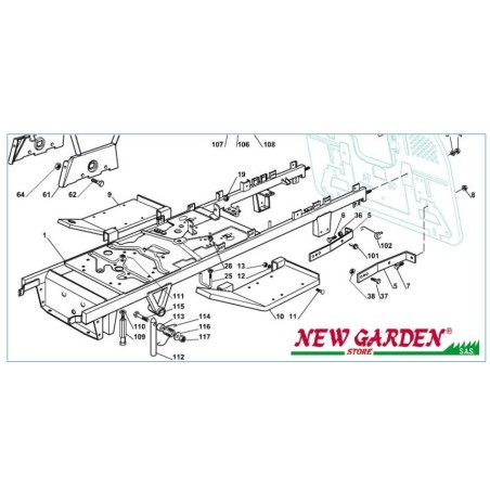 Vue éclatée châssis 122cm XX250HDE tracteur de pelouse pièces détachées CASTELGARDEN 2002-13