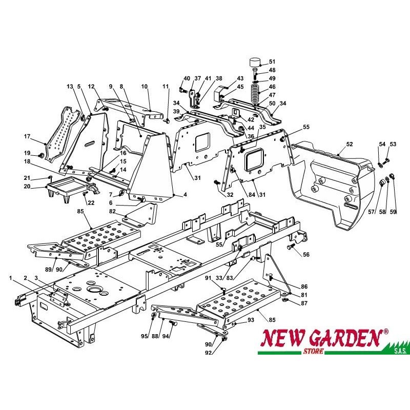 Vue éclatée châssis tracteur de pelouse 98cm XD150 CASTELGARDEN pièces détachées STIGA 2002-13