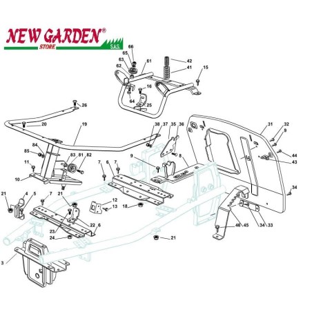 Exploded view of the frame of the ride-on mower EL63 PE60VD CASTELGARDEN spare parts 2002-13 | Newgardenstore.eu