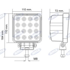 Proyector de trabajo 16 LED 110x110mm 10-30V 48W 3200LM cableado 40-60cm | Newgardenstore.eu