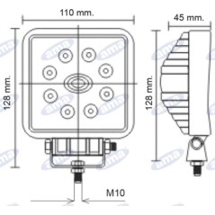 Faro de trabajo 8 LED 110x128mm 10-30V 24W 1440LM cableado 40-60cm máquina agrícola | Newgardenstore.eu