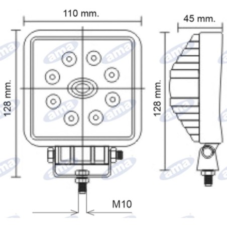 Faro de trabajo 8 LED 110x128mm 10-30V 24W 1440LM cableado 40-60cm máquina agrícola