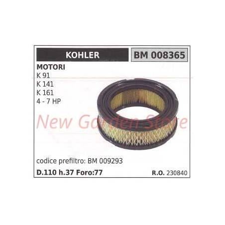 Filtro aria KOHLER trattorino rasaerba K 91 141 161 4 7 HP 008365 | Newgardenstore.eu