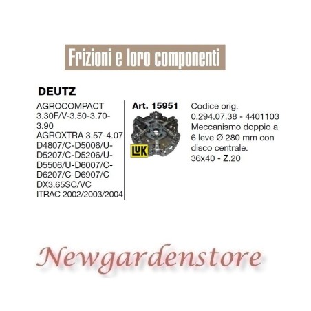 Embrague 15951 DEUTZ Agrocompact 3.30 Agroxtra Itrac 36x40 Z20 280mm tractor | Newgardenstore.eu