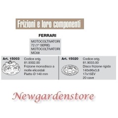 Frizione disco compatibile FERRARI motocoltivatore 72 1°serie MC68 15003 15020 | Newgardenstore.eu