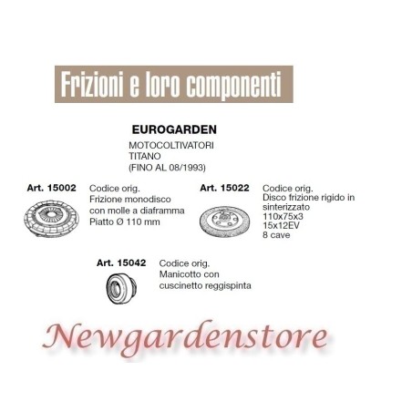 Frizione disco manicotto EUROGARDEN motocoltivatore titano 15002 15022 15042 | Newgardenstore.eu