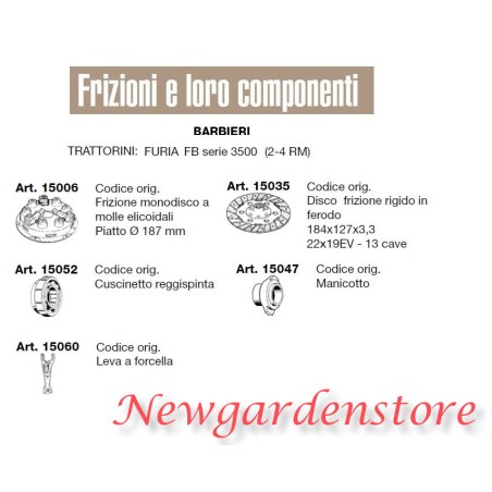 Frizione disco manicotto leva cuscinetto trattorino FURIA serie 3500 BARBIERI | Newgardenstore.eu