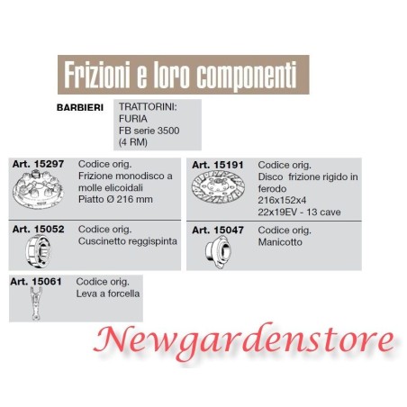 Frizione disco manicotto leva cuscinetto trattorino FURIA serie 35004RM BARBIERI | Newgardenstore.eu