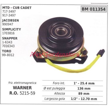 Embrague electromagnético warner cortacésped cortacésped cub cadet 011354 | Newgardenstore.eu