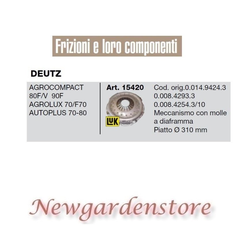 Frizione meccanismo 15420 trattore DEUTZ Agrocompact Agrolux autoplus 80F 310mm