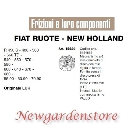 Clutch mechanism 6 levers flat 280mm R450 480 500 15529 FIAT NEW HOLLAND LUK | Newgardenstore.eu