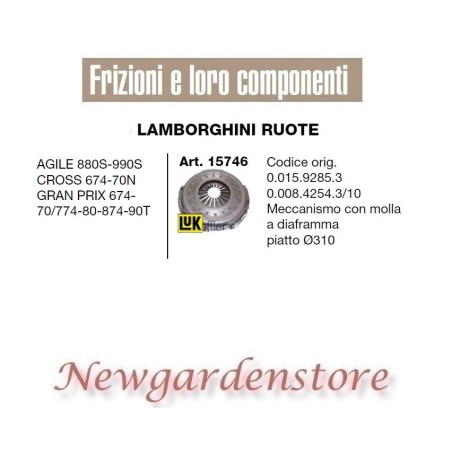 Frizione meccanismo trattore LAMBORGHINI 15746 Agile Cross Gran Prix piatto 310 | Newgardenstore.eu