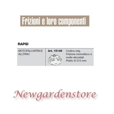 Frizione monodisco 15149 motofalciatrice alltrac compatibile RAPID piatto 215mm | Newgardenstore.eu