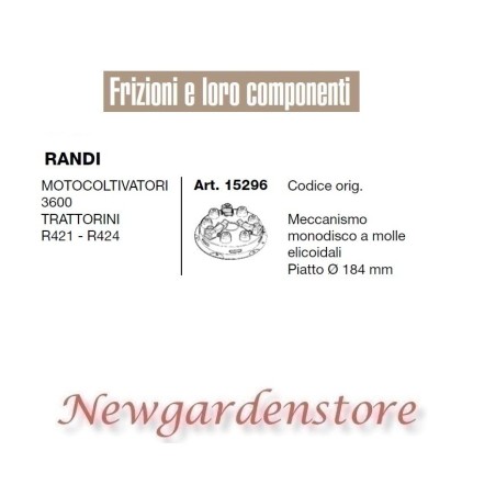 Embrayage monodisque 15296 Tracteur à pied RANDI 3600 R421 424 184mm | Newgardenstore.eu