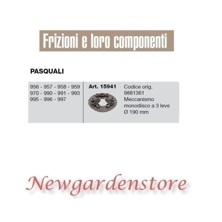 Frizione monodisco 15941 3 leve motocoltivatore PASQUALI 956 957 958 959 970 990 | Newgardenstore.eu