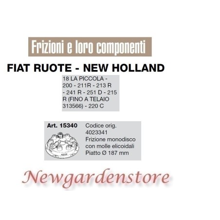 Embrayage monodisque compatible 200 211R 21R 241R 220C FIAT NEW HOLLAND 15340 | Newgardenstore.eu