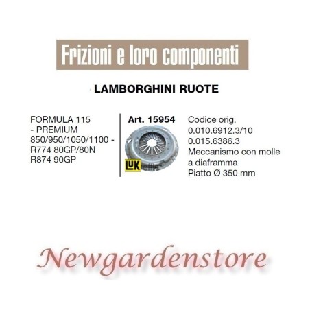 Embrague tractor 15954 LAMBORGHINI 350mm Formula 115 Premium 850 950 1050 1100 | Newgardenstore.eu