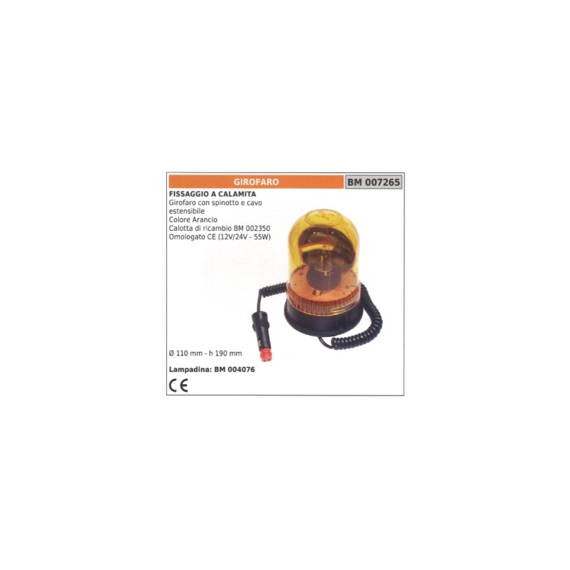 Baliza giratoria naranja con clavija y cable extensible 12V/24V - 55W Ø  110 mm