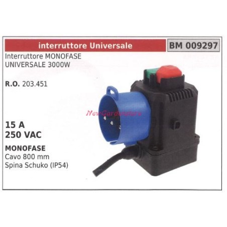 Interruttore di sicurezza monofase UNIVERSALE 3000W cavo 800mm 15A 250VAC 009297 | Newgardenstore.eu