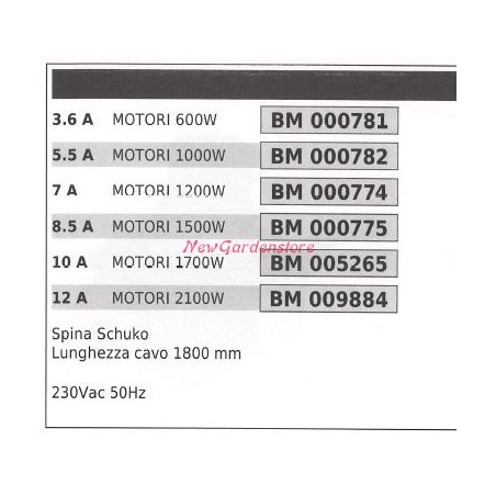 Interrupteur électrique de moteur de tondeuse 1200w câble 1800 mm 000774