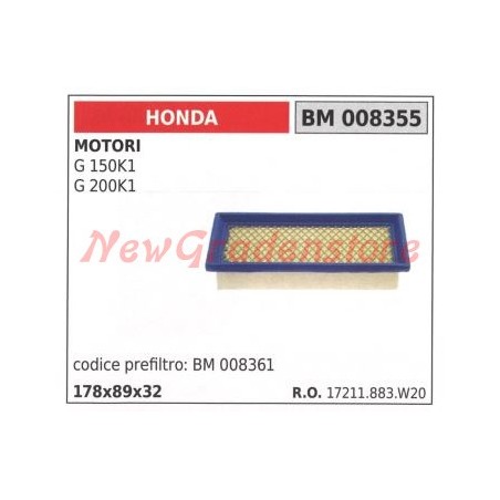 Filtro aria HONDA motori G 150K1 G 200K1 008355 17211883W20 | Newgardenstore.eu