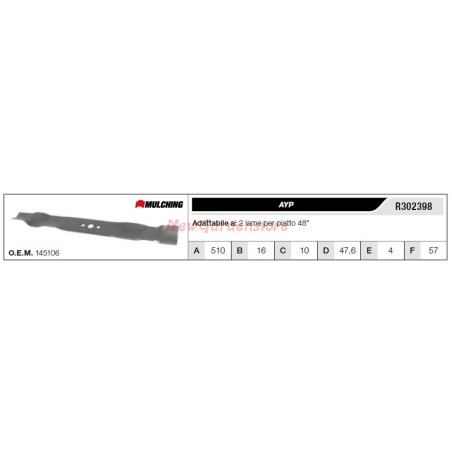 Lama AYP per trattorino tagliaerba rasaerba tosaerba 2 lame piatto 48" R302398 | Newgardenstore.eu