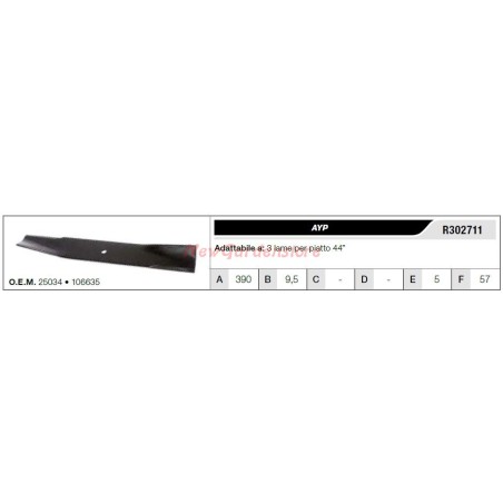 Lama AYP per trattorino tagliaerba rasaerba tosaerba 3 lame piatto 44" R302711 | Newgardenstore.eu