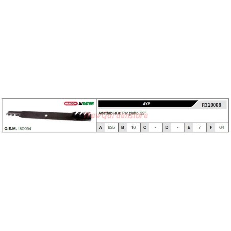 Lama AYP per trattorino tagliaerba rasaerba tosaerba piatto 22" R320068 | Newgardenstore.eu