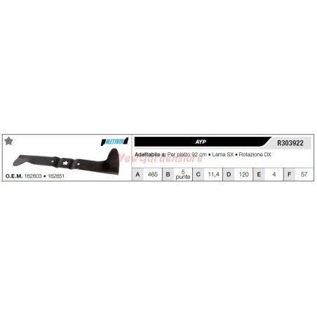 Lame AYP pour tracteur de pelouse lame de tondeuse 92cm R303922 | Newgardenstore.eu