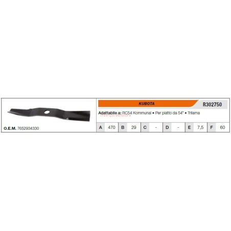 KUBOTA riding lawn tractor RC54 kommunal mower blade R302750 | Newgardenstore.eu