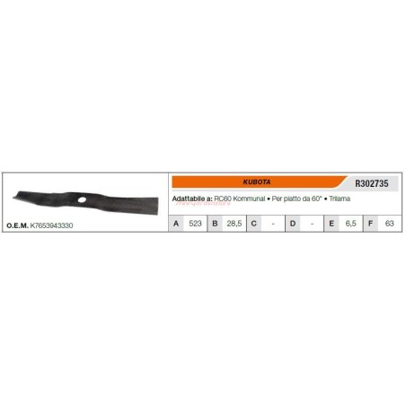 KUBOTA lawn tractor mower blade RC60 kommunal R302735 | Newgardenstore.eu