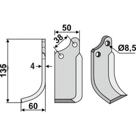 Rotary tiller blade left compatible 350-025 AGRIA 1667 135mm