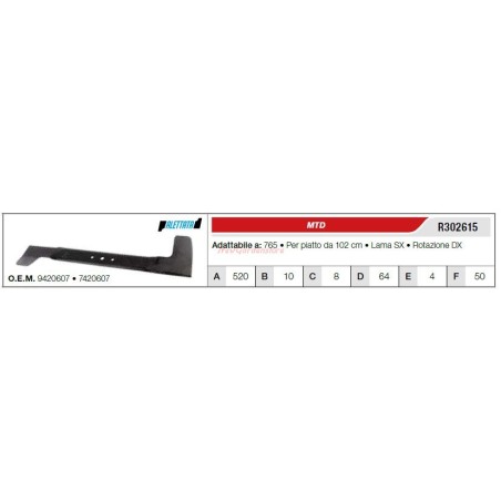 MTD Rasentraktor Rasenmähermesser 765 102" flach R302615 | Newgardenstore.eu