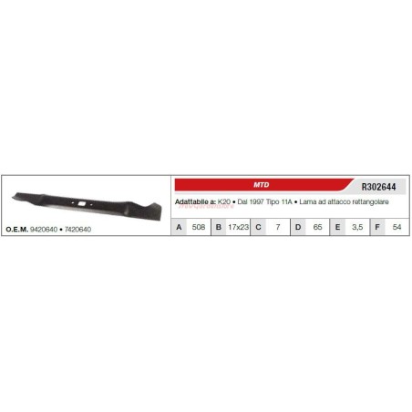 MTD lawn tractor mower blade K20 SINCE 1997 TYPE 11A R302644 | Newgardenstore.eu