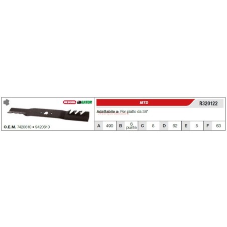 Lama MTD trattorino tagliaerba rasaerba tosaerba piatto da 38" R320122 | Newgardenstore.eu