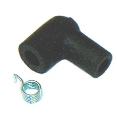 Spark plug connector with spring-loaded cap for fixed terminal