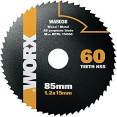 Disco de widia 85 mm diametro 60 dientes para sierra circular WORX corte madera metal | Newgardenstore.eu
