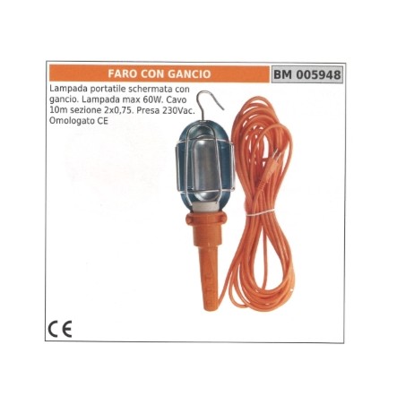 Lampada 60W portatile schermata con gancio - cavo 10m - presa 230Vac 005948 | Newgardenstore.eu