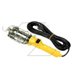 Portable lamp with protective cage with switch, cable, plug, handle