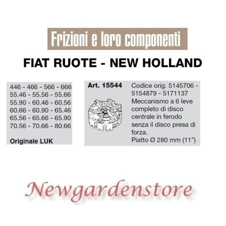 Meccanismo frizione piatto 280 446 566 55.46 60.46  LUK 15544 FIAT NEW HOLLAND