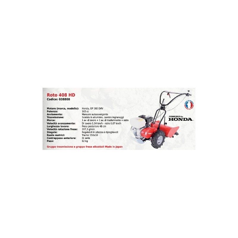 ROTO 408 HD SERIE PUBERT walking tractor with HONDA GP 160 OHV 163 cc engine