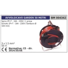 Cable reel 50m plug 2-pin+earth 16A 230V 1 schuko socket 2-pin+earth 16A 230V