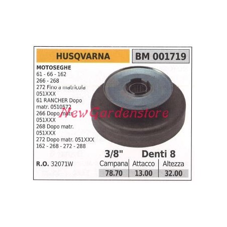 Piñón motor motosierra HUSQVARNA 61 66 162 266 268 272 3/8 dientes 8 001719 | Newgardenstore.eu