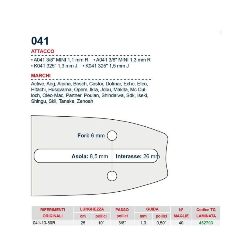 Barra motosega giardinaggio lunghezza 25 cm catena num maglie 40 452703