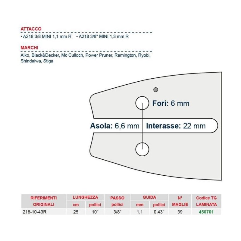 Barra motosega da legna lunghezza 25 cm per catena 39 maglie 450701