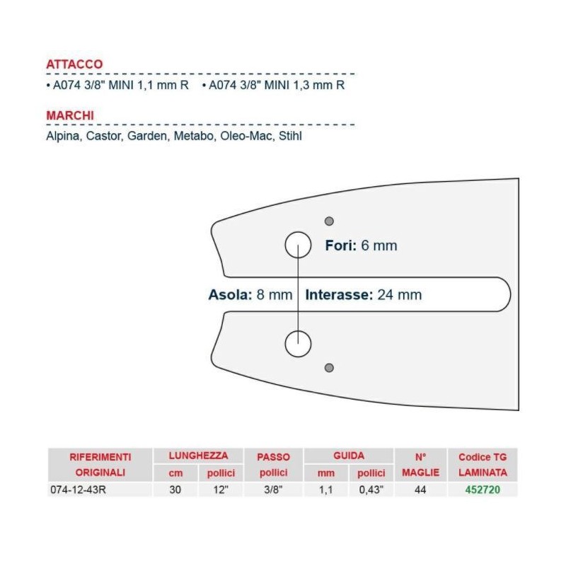 Barre de tronçonneuse à bois longueur 30 cm pour chaîne à 44 maillons 452720