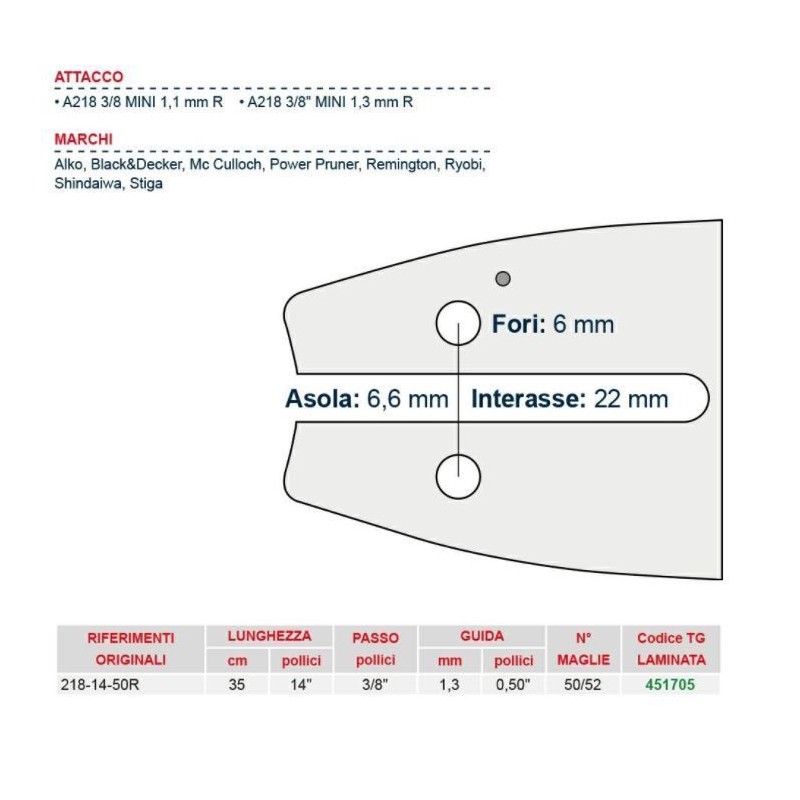 Barra de motosierra longitud 35 cm para eslabón de cadena 49/50/52 451705